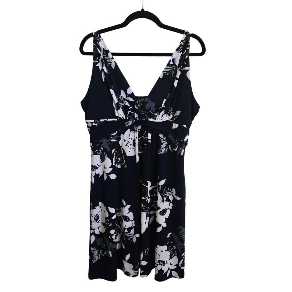 Papillon Floral Sleeveless Dress Black White Blue Popover Size XL